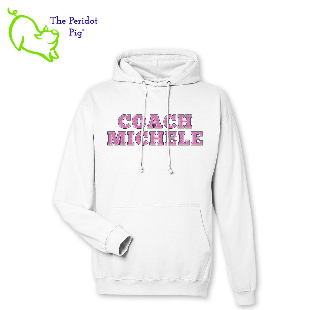 Nothing beats a soft, warm hoodie! Here's a medium-weight comfy pullover hoodie featuring the words "Coach Michele" in two colors of glitter print on the front. The back is blank. Front shown in White.