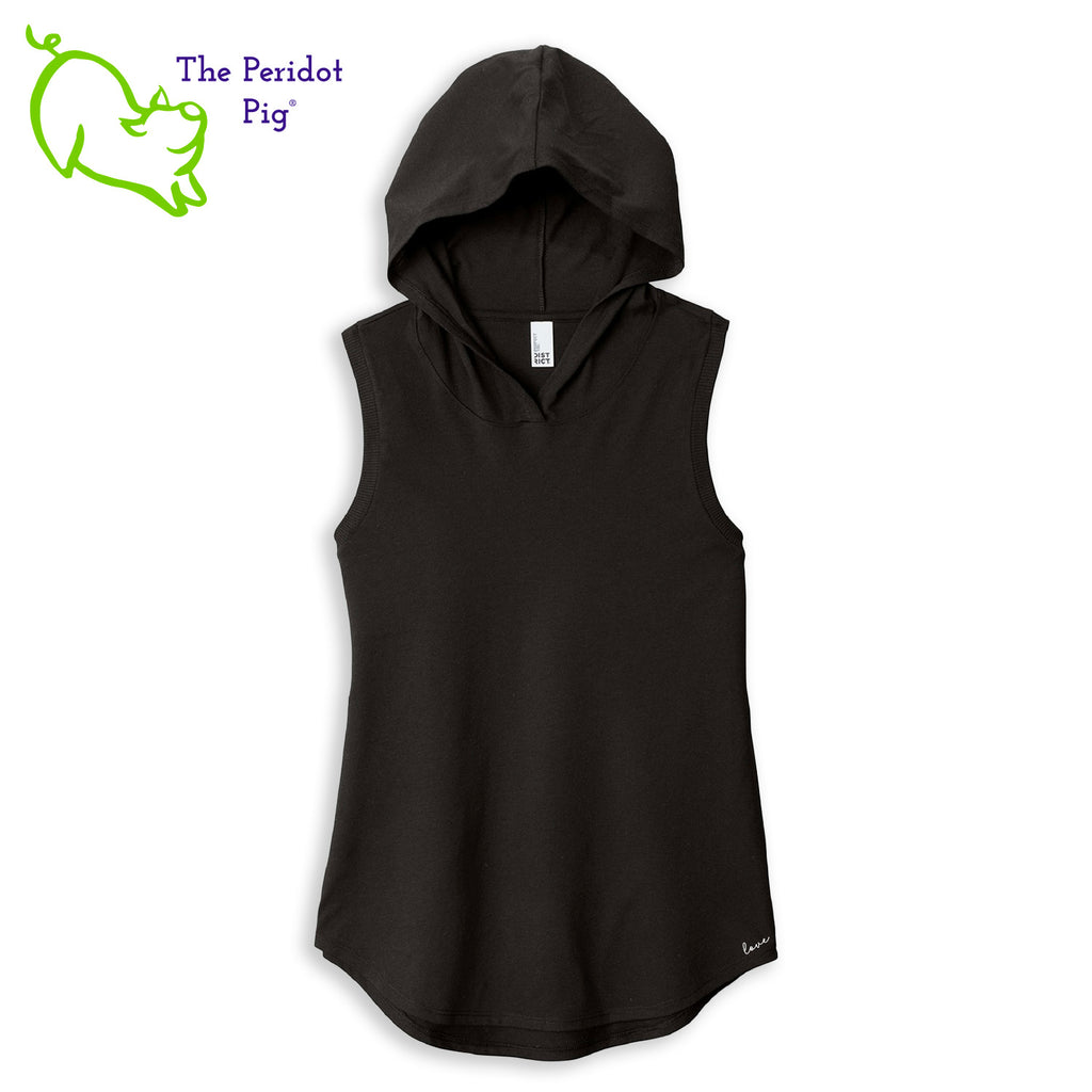This sweet little hoodie tank is super soft, lightweight, and form-fitting (but not too tight in the mid-section) with a flattering cut. The arm holes have a finished rib knit edging. The back features the PureBliss Studios logo and the front is blank. Front view in black.