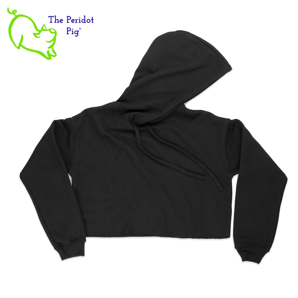 A trendy cropped cotton hoodie with a fitted retail cut. The back has the PureBliss Studios logo in a glitter and holographic vinyl. The front has a little "love" on the bottom left sleeve. Front view shown in black.