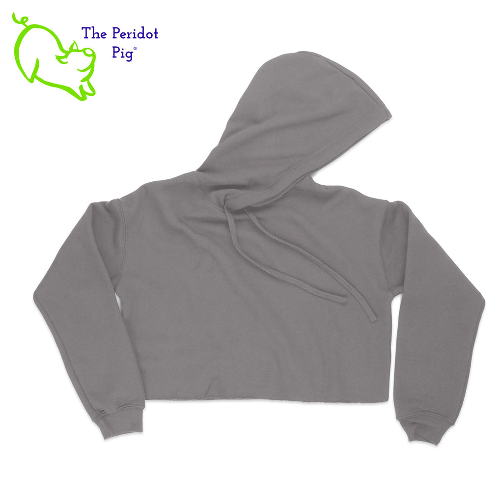 A trendy cropped cotton hoodie with a fitted retail cut. The back has the PureBliss Studios logo in a glitter and holographic vinyl. The front has a little "love" on the bottom left sleeve. Front view shown in gray.