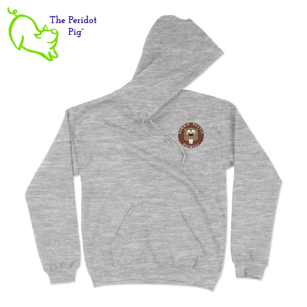 A standard pullover hoodie. The Bummin' Beaver logo is on the front. The text "Bummin' Beaver Brewery" and "Auburn Township, Ohio" is on the back.Front view shown in sport grey