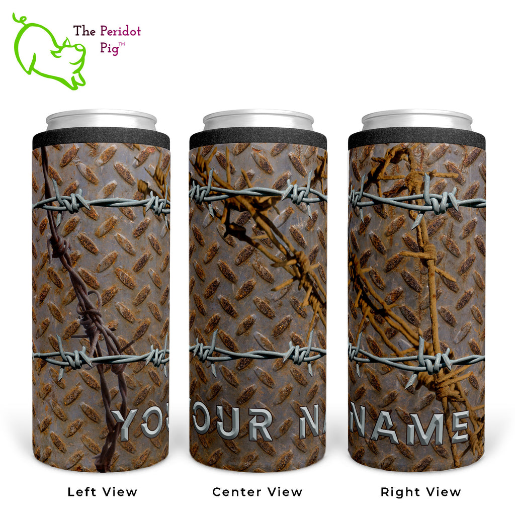Nothing says "hands off my drink" like rusty barb wire! We've created an image of steel plate and barb wire with an edgy font for personalization. The personalization is a steel colored font with a beveled look. Shown in three views.