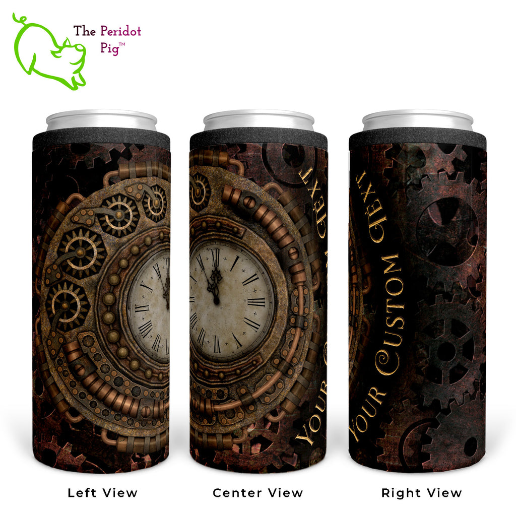 This hugger features a steampunk time theme. We've included gears and a vintage clock face in deep amber tones. We'll add in your name or text in a distressed scrolling font. Shown in three views.