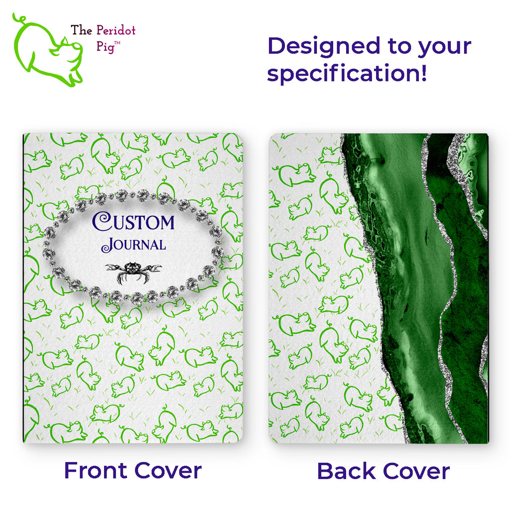 We can design a custom journal for you! We print these in vivid color with a permanent sublimation technique. We can use photos, images, logos or your own artwork to cover the front and back of these luxury journal notebooks. Shown with sample front and back cover.