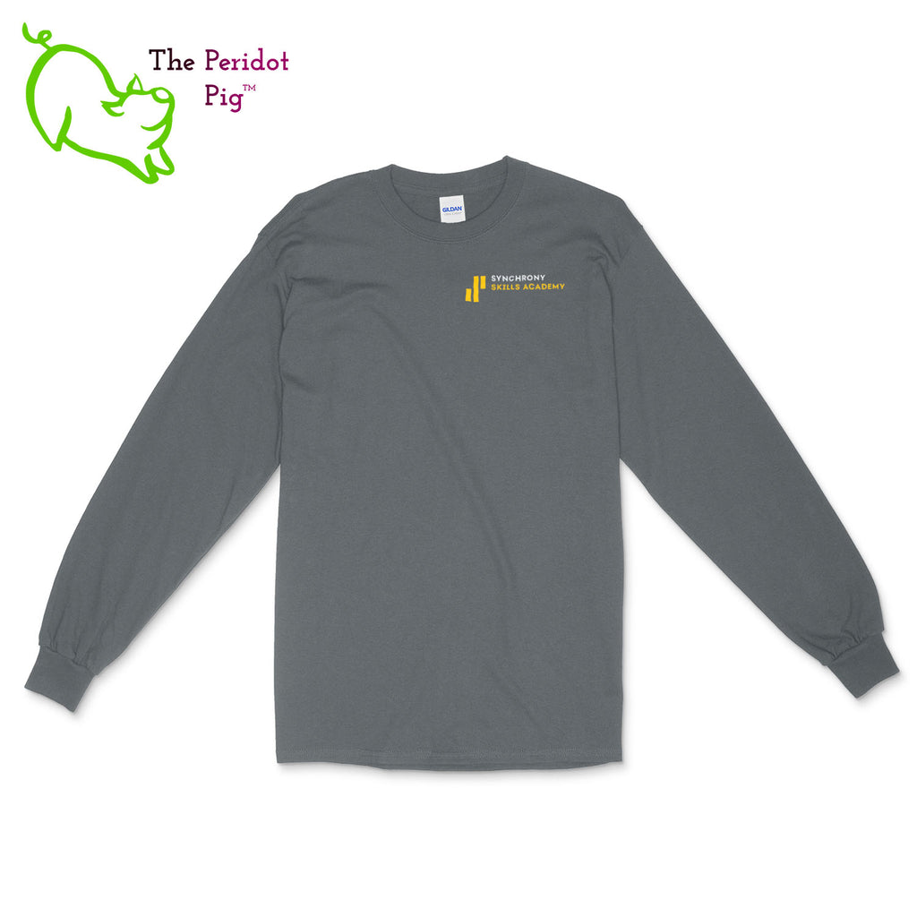 The Synchrony Financial Skills Academy Logo long sleeve shirt is made of 100% super soft cotton. The front features a small version of the logo on the left pocket area. The back has a larger version of the logo. Front view in Charcoal.