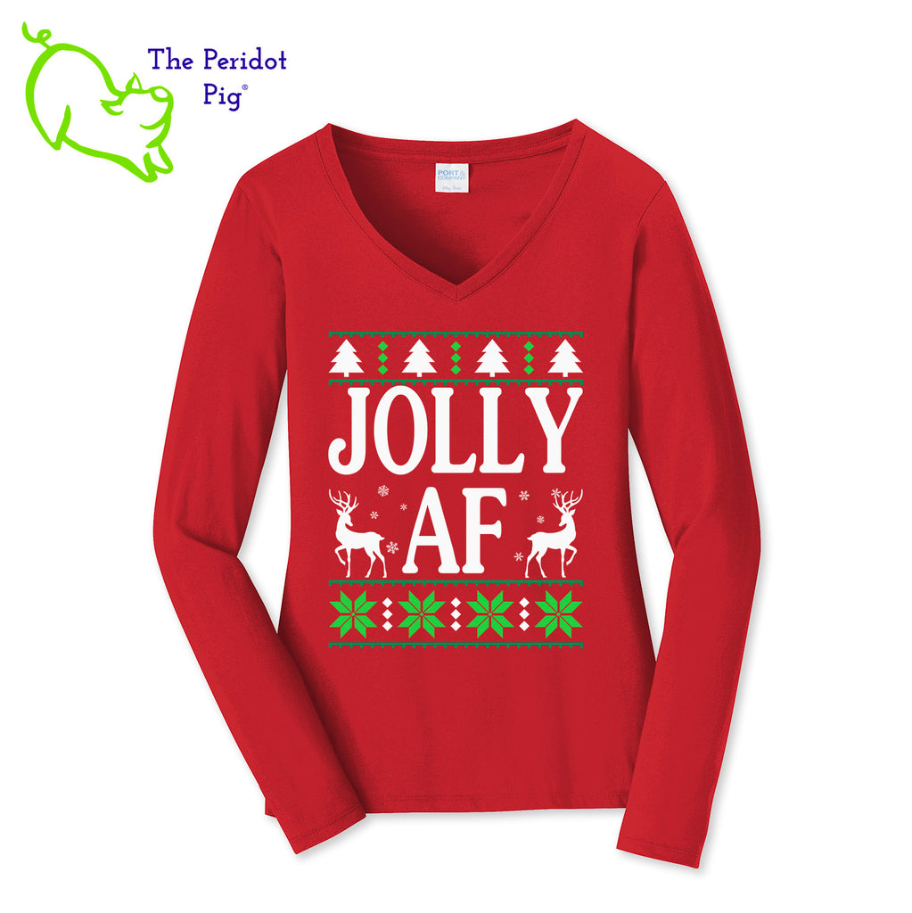 Shhh....we won't tell your mother-in-law what it means.  Enjoy this fun shirt and see if they finally ask.  Printed in bright color on a v-neck cotton, long sleeve t-shirt, it's perfect for the winter holidays! The front has a stylized sweater print with reindeer and the words, "Jolly AF". The back is undecorated. Front view shown in red.