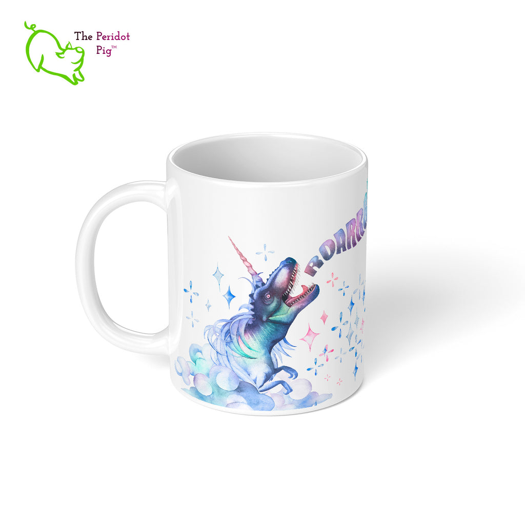 Express your individuality with this "HEAR ME ROAR!" dinocorn mug. When you're fierce like a T-Rex and unique as a unicorn, this is the mug for you or that favorite person in your life. Left view.