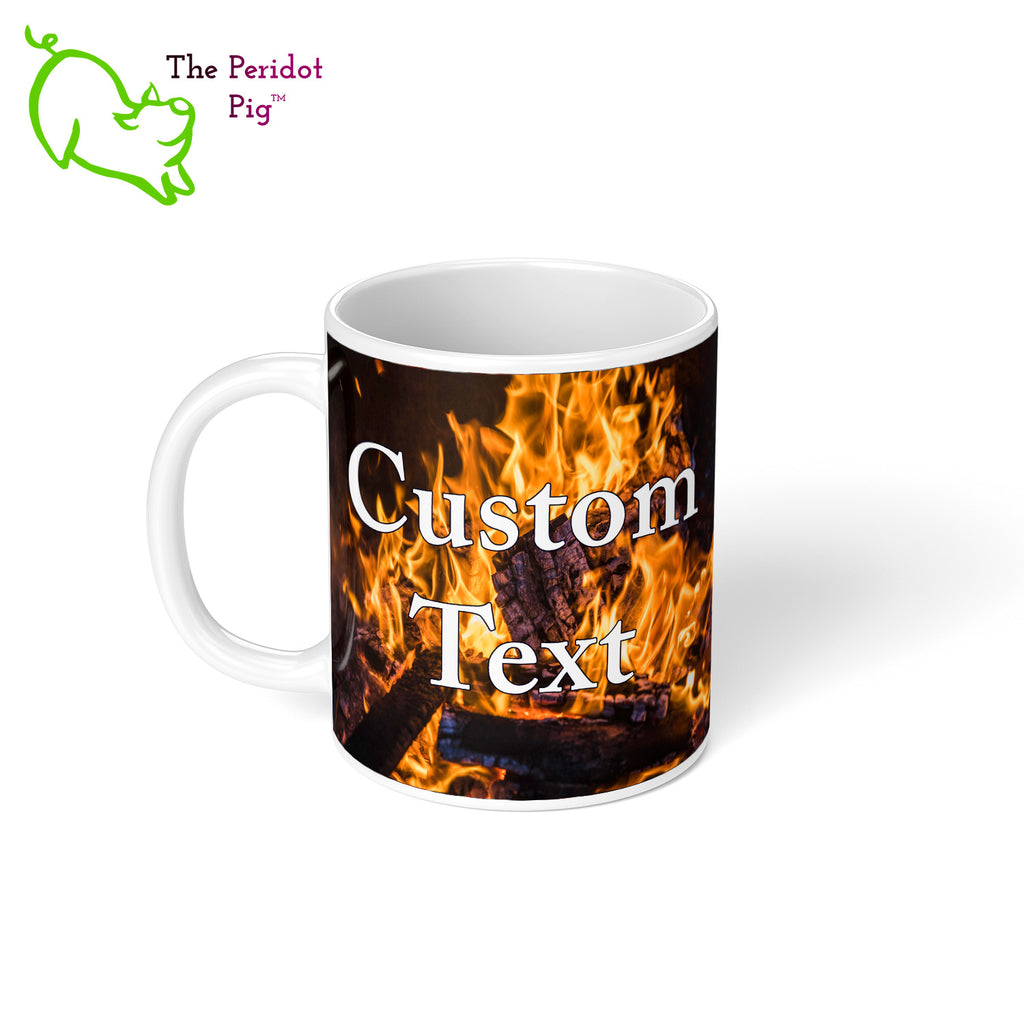 Got a grill master in your life? Consider our "too hot to handle" 11 oz coffee mug as a gift! These glossy white mugs feature hot coals in the background with text that can be personalized. You can add names, numbers, dates...the possibilities are endless. Style C left view.