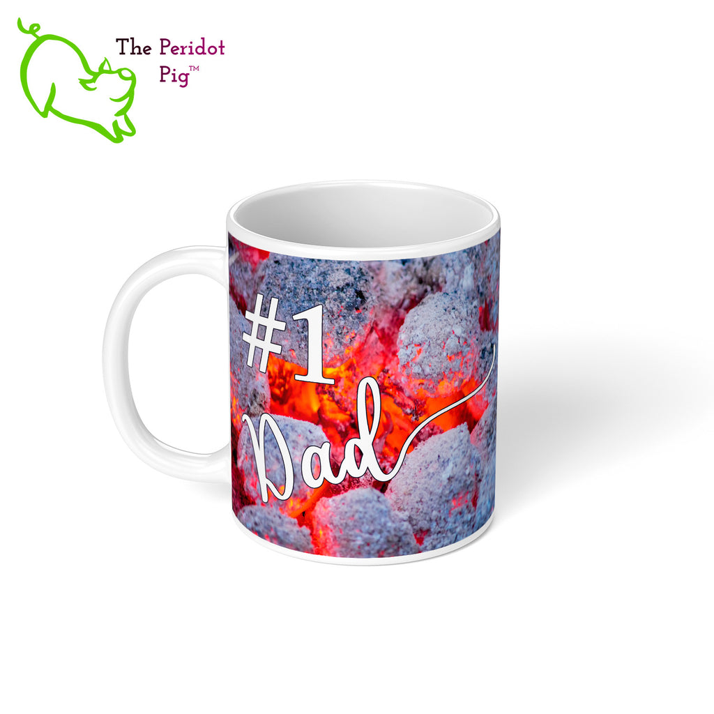Got a grill master in your life? Consider our "too hot to handle" 11 oz coffee mug as a gift! These glossy white mugs feature hot coals in the background with text that can be personalized. You can add names, numbers, dates...the possibilities are endless. Style A personalized left view.