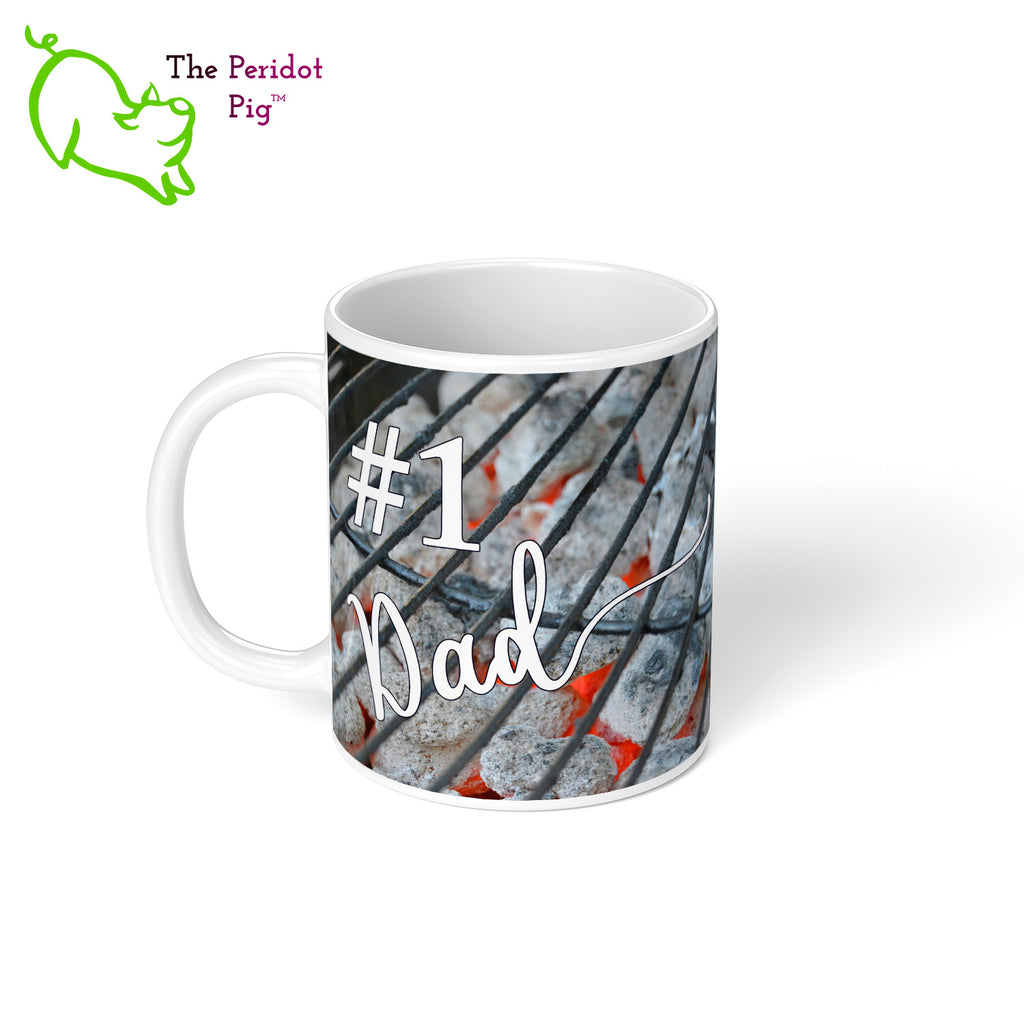 Got a grill master in your life? Consider our "too hot to handle" 11 oz coffee mug as a gift! These glossy white mugs feature hot coals in the background with text that can be personalized. You can add names, numbers, dates...the possibilities are endless. Style B personalizedleft view.