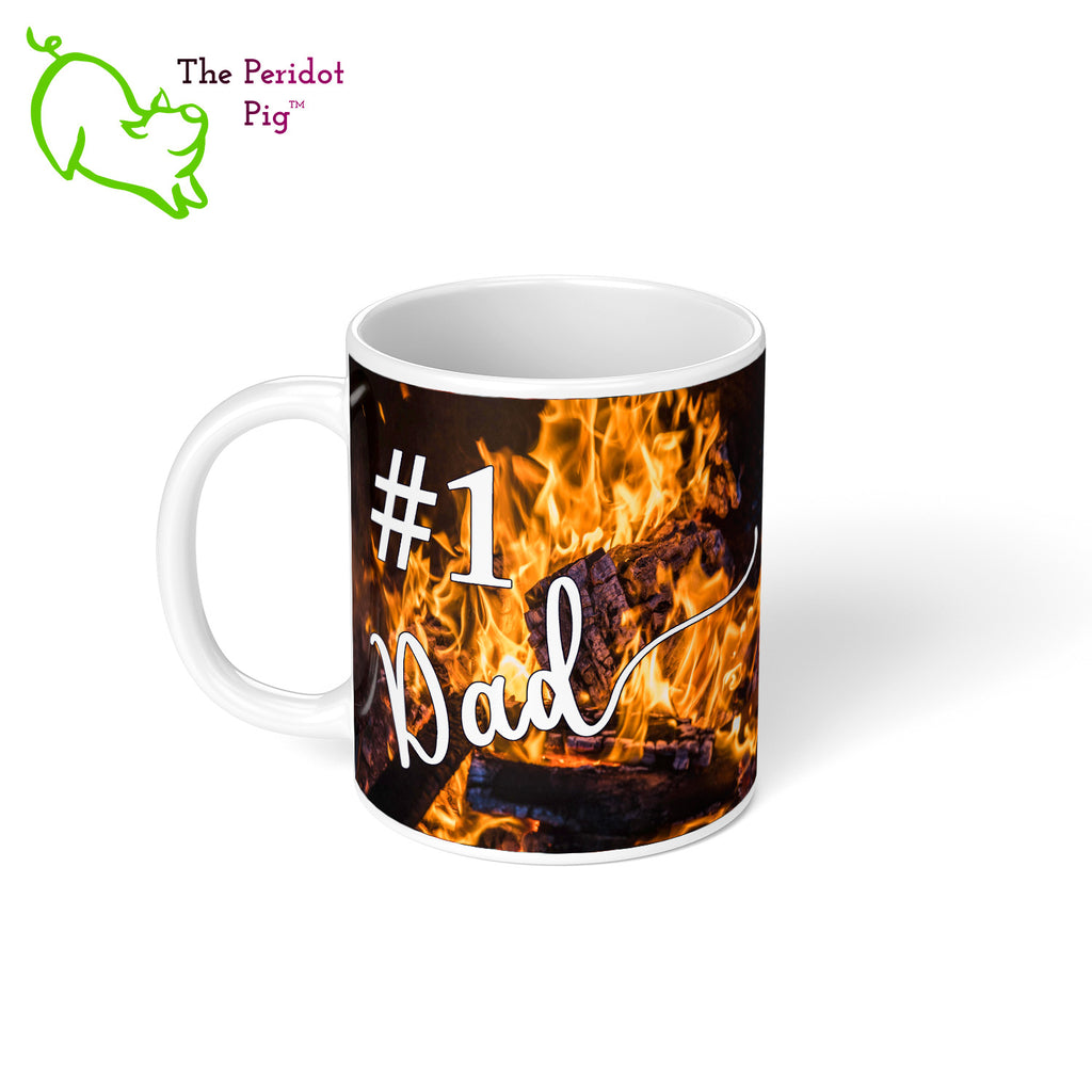 Got a grill master in your life? Consider our "too hot to handle" 11 oz coffee mug as a gift! These glossy white mugs feature hot coals in the background with text that can be personalized. You can add names, numbers, dates...the possibilities are endless. Style C personalized left view.