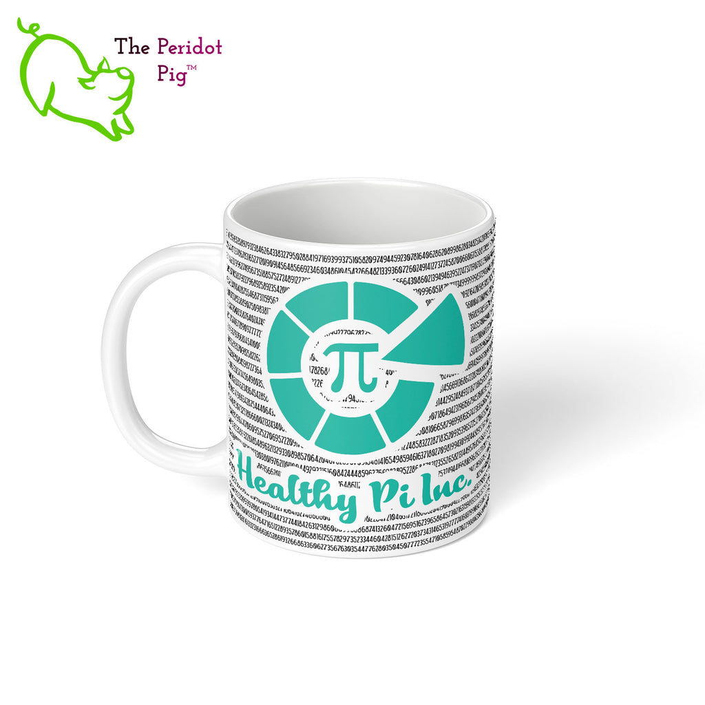 Would you like a little Pi to go with that coffee or tea? Here we have 5605 digits of Pi printed on a white, glossy 11 oz mug and featuring the Heathy Pi, Inc logo. Left view.