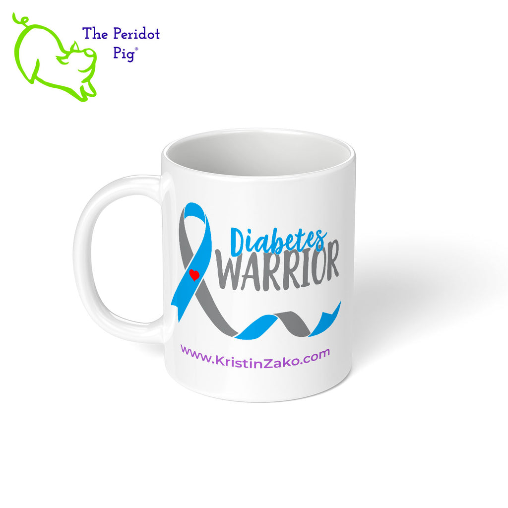 November is National Diabetes Month and these are the perfect mug to celebrate Diabetes awareness. Printed using vivid sublimation inks, these mugs won't fade or peel over time. The text says "Diabetes Warrior" with the Diabetes blue and gray ribbon featured on both front and back. Kristin Zako's home page URL is called out on both sides. Left view shown.