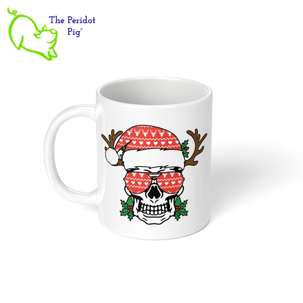 It's a toss up whether Halloween or Christmas is our favorite holiday. When you can't make up your mind, try our Christmas skull coffee mug! We've printed the skull on the front and the back. Will go great with leftover candy and Christmas cookies! Left view shown.