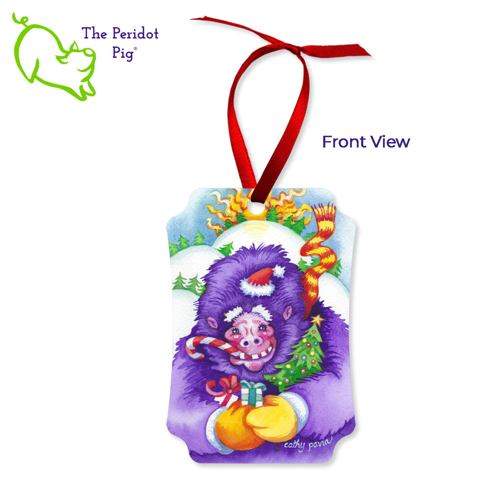 This ornament features the colorful artwork of Cathy Pavia. A wintery scene with an abominable snowman carrying gifts is on the front. The back has a little fluffy baby surprise! In the backpack, is a baby abominable saying, "Have phenomenal abominable holidays!" Front view shown.