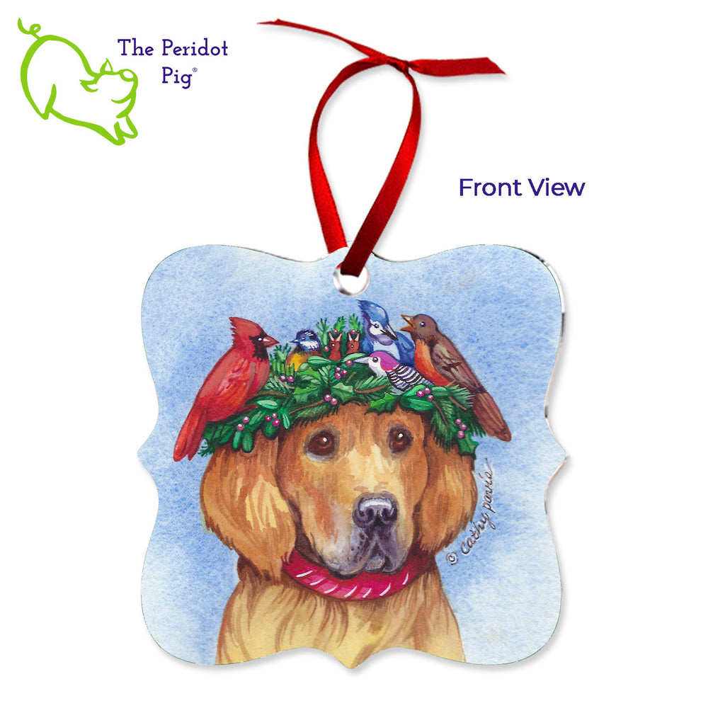 This ornament features the colorful artwork of Cathy Pavia. On the front, you have a lovely Golden Retriever with a nest of birds on their head. There's a cardinal, robin, blue jay and a woodpecker along with some baby birdies. On the back, the ornament can be customized with your pet's name, year or any text of your choice. Front view shown.