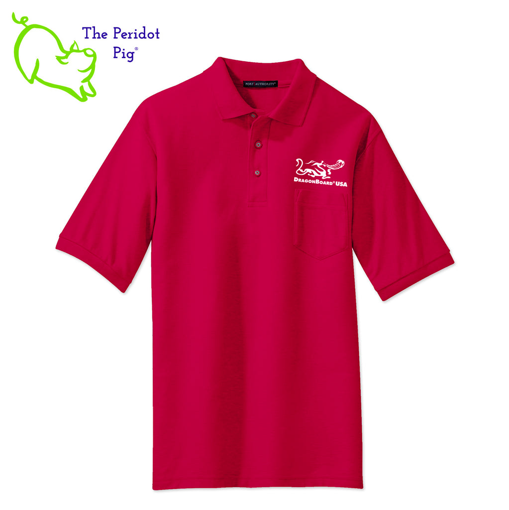 Our popular Silk Touch™ tall polo—enhanced with a left chest pocket. This one features the DragonBoard logo above the pocket. Front view shown in Red.