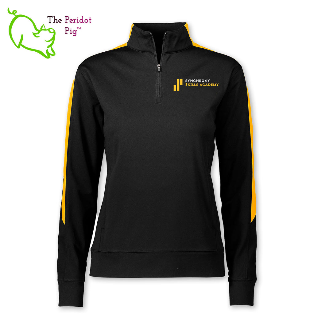 The Synchrony Financial Skills Academy Logo Augusta Medalist 2.0 long sleeve quarter-zip is cut in a stylish modern fashion. The front features a small version of the logo on the left pocket area. The back is blank. Front view.