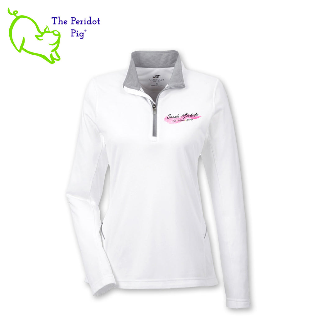 The Coach Michele Logo long sleeve quarter-zip is cut in a stylish modern fashion. The front features a small version of the logo on the left pocket area. The back is blank. Front view shown in white.