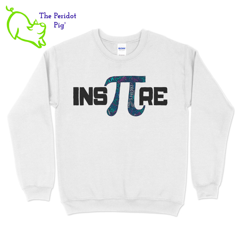 This warm, soft crewneck sweatshirt features our PI day InsPIre theme in vivid print on the front. It's available in four colors to help celebrate PI in style. Front view shown in white.