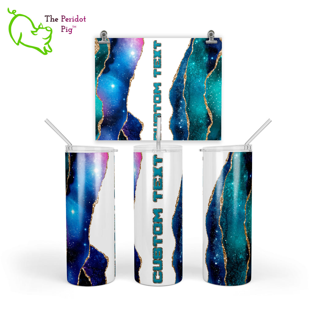 These tumblers have a vivid print featuring an "agate" design combined with a star field/galaxy theme. In addition, there's a hint of sparkle with simulated glitter borders. There's plenty of room for personalization here. Style C - Turquoise/Gold shown.