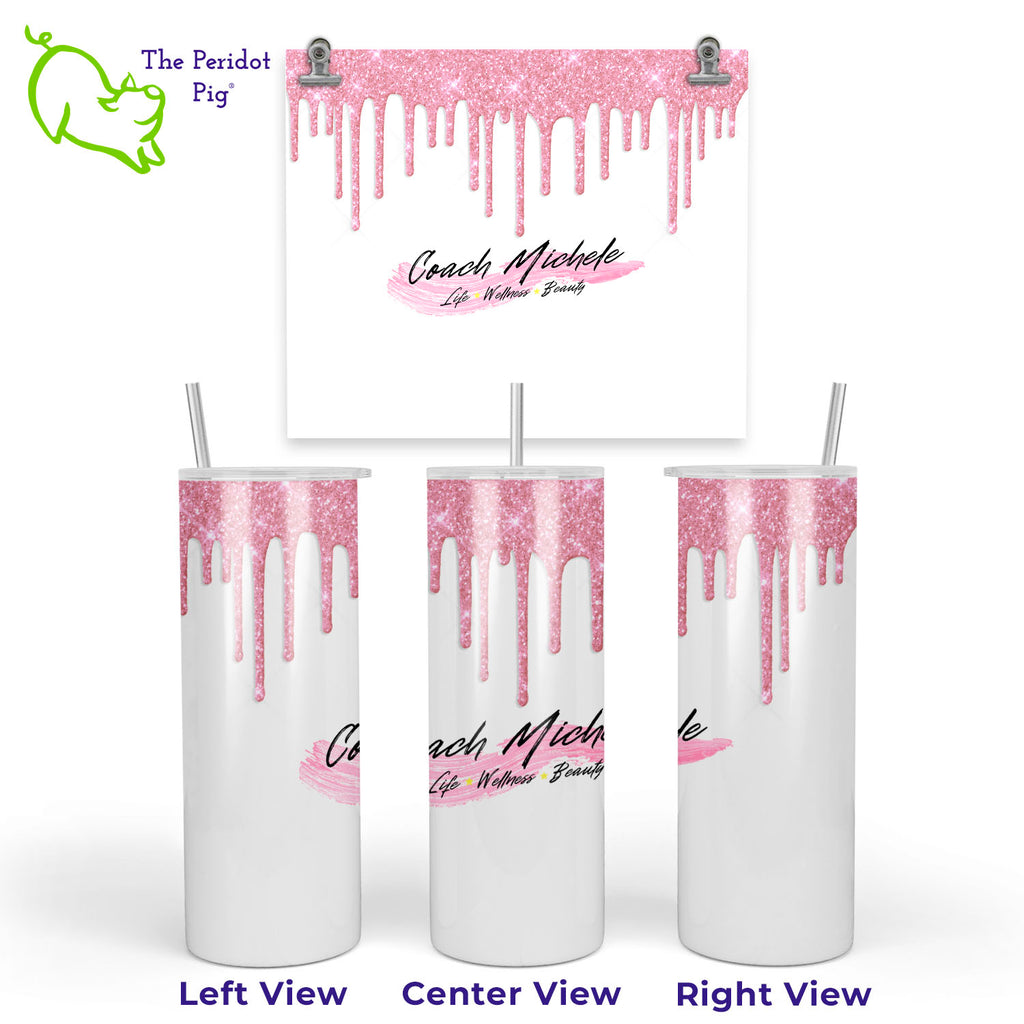 This tumbler has a vivid print featuring Coach Michele Smits' fun logo. In addition, there's a touch of sparkle with a simulated glitter drip border in bright pink. 