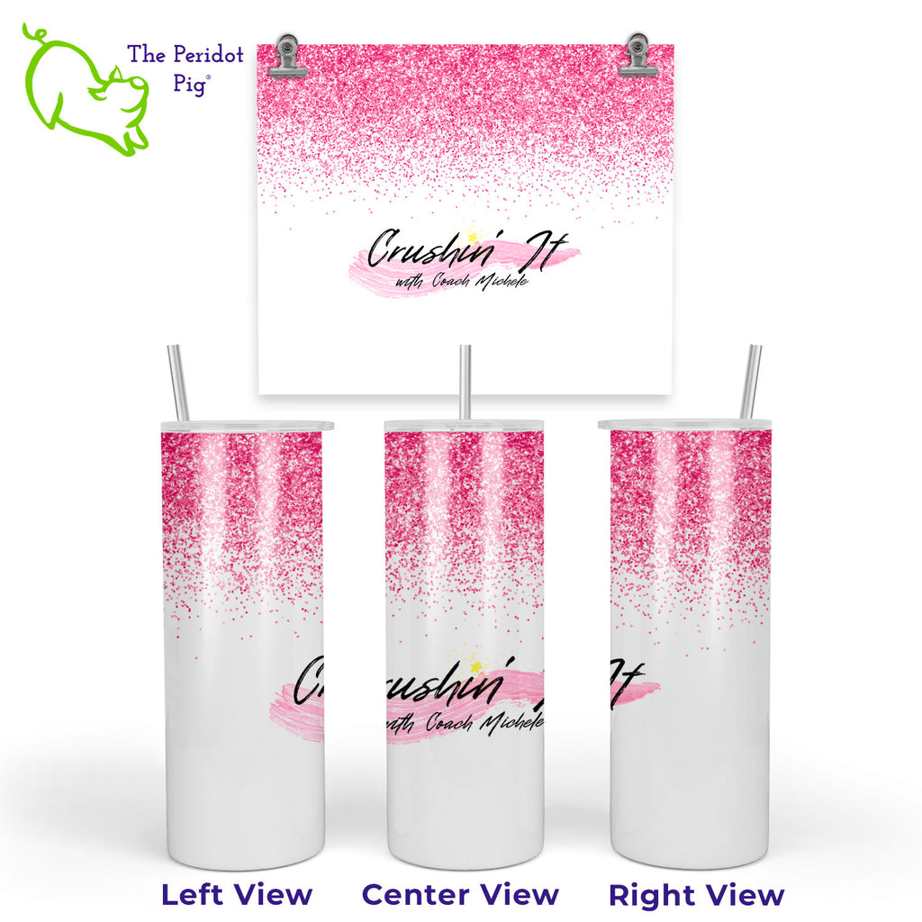 This tumbler has a vivid print featuring Coach Michele's fun Crushin' It logo. In addition, there's a touch of sparkle with simulated glitter border in a bright pink. 