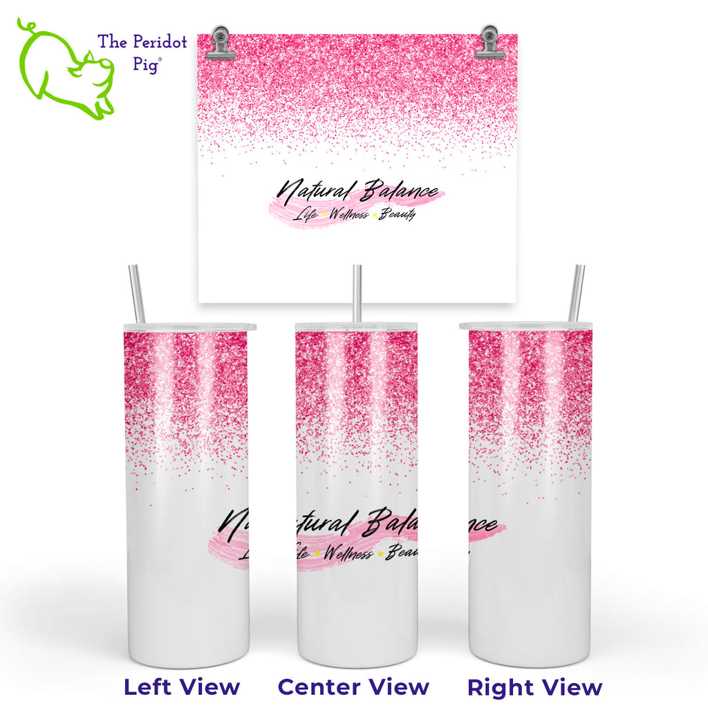 This tumbler has a vivid print featuring Coach Michele's Natural Balance pink logo. In addition, there's a touch of sparkle with simulated glitter border in a bright pink. 