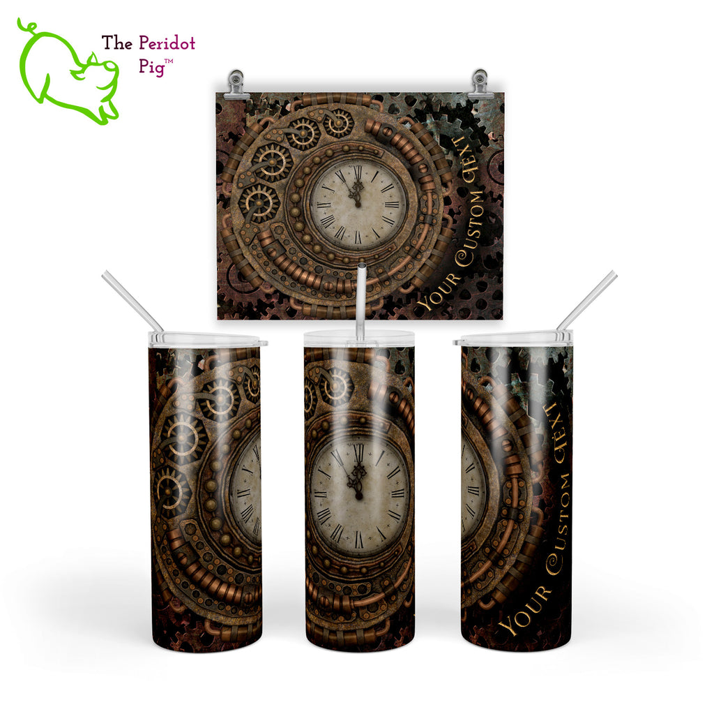 Another tumbler design featuring a steampunk theme. In this one, we've included gears and a vintage clock face in deep amber tones. We'll add in your name or text in a distressed scrolling font. Shown in three views.