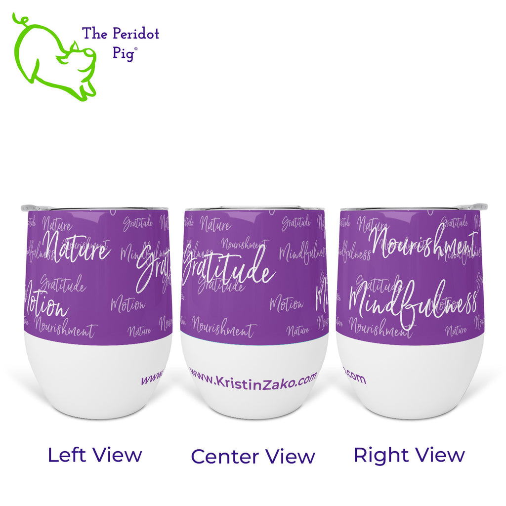 Every now and then, you might need to be grateful for a glass of wine! These tumblers are perfect for sitting out on the porch, in the woods or beside a fire. Printed in vivid color with Kristin Zako's four pillars, they are available in four colors. Shown in purple.