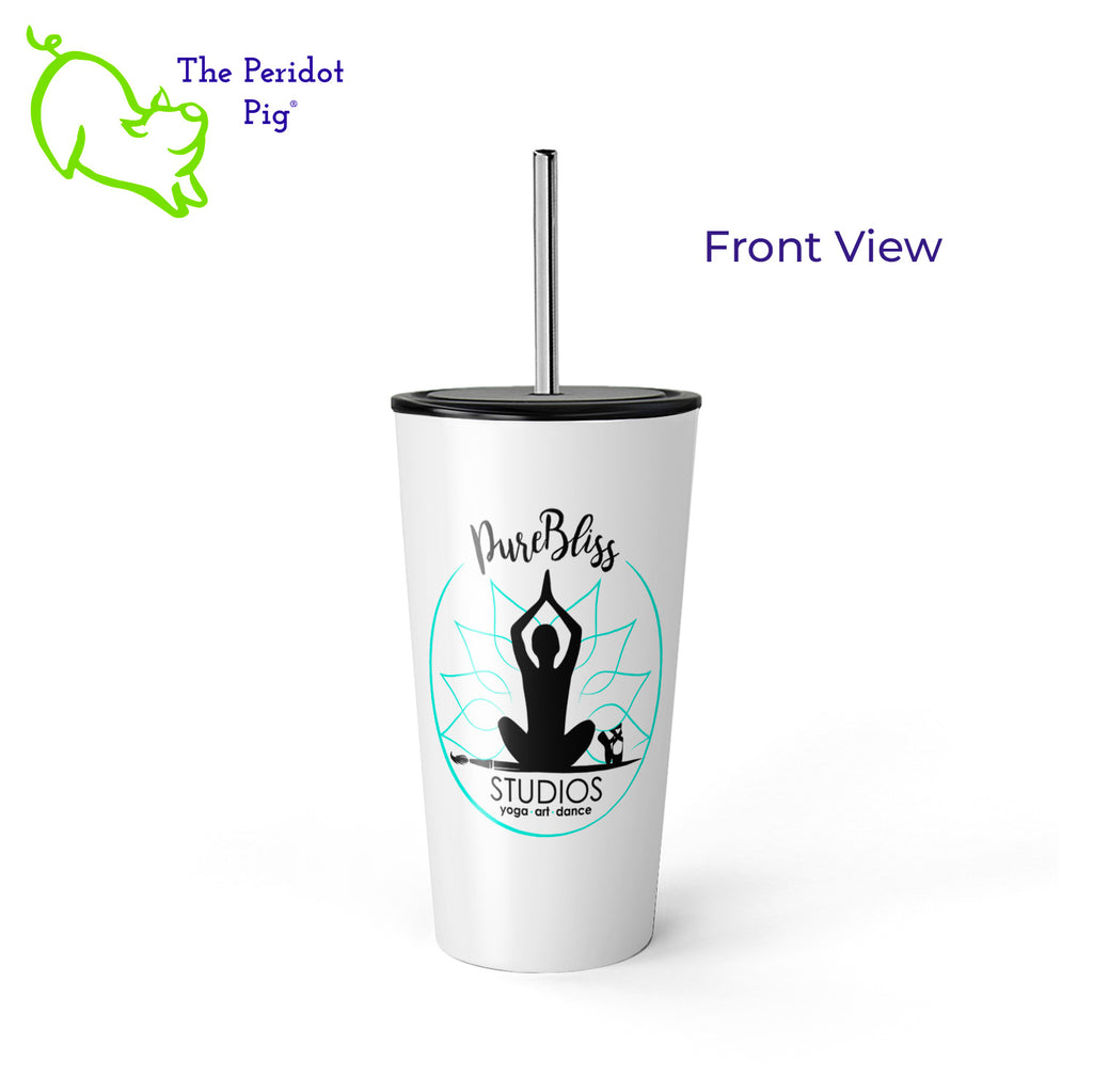 16oz stainless steel tumbler. White with straw and black plastic lid. Safe to take milkshakes, smoothies, and other blended beverages on the go. The PureBliss Studios logo is on the front and the QR code and URL are on the back. Front view shown.