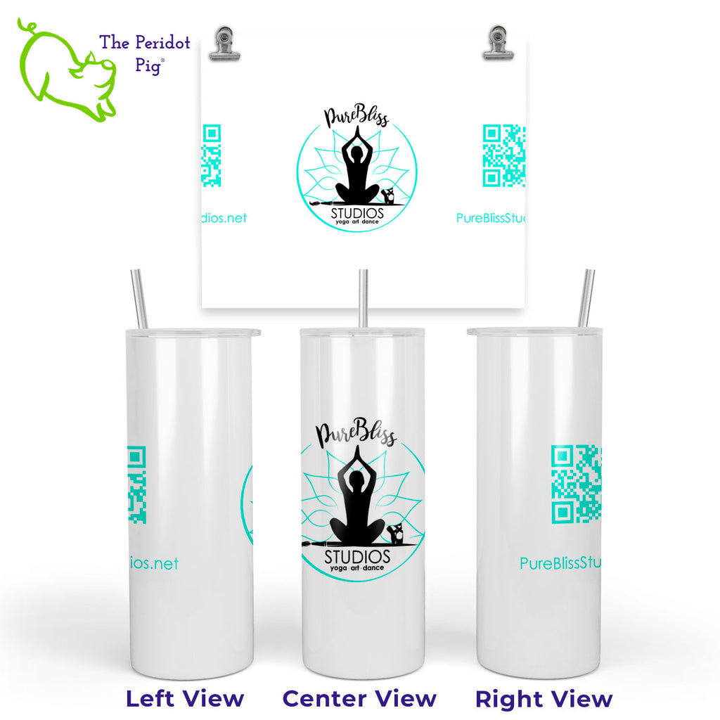 This skinny tumbler can't wait for fun in the sun! Watch as your tumbler changes from white to blue on a sunny day. The tumbler will remain white if kept indoors or if you are enjoying your favorite beverage on a cloudy day. The skinny tumbler measures 8" tall and 3" wide. Straw included. The PureBliss Studios logo is on the front and the QR code and URL are on the back.
