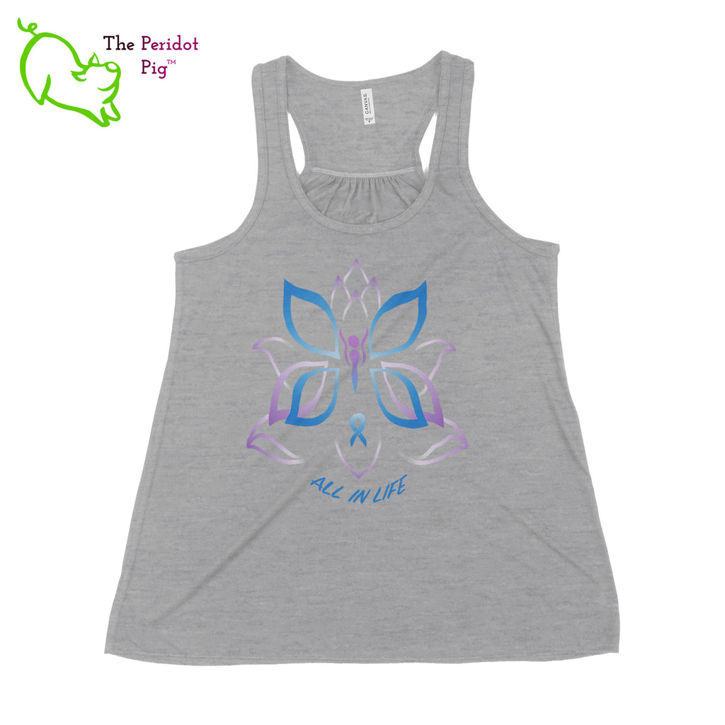 This racerback tank is super soft, lightweight, and form-fitting (but not too tight in the mid-section) with a flattering cut and raw edge seams for an edgy touch. The front features Kristin Zako's logo and the back is blank. The print will be in a "vintage" look that is slightly faded. Front view in Gray.