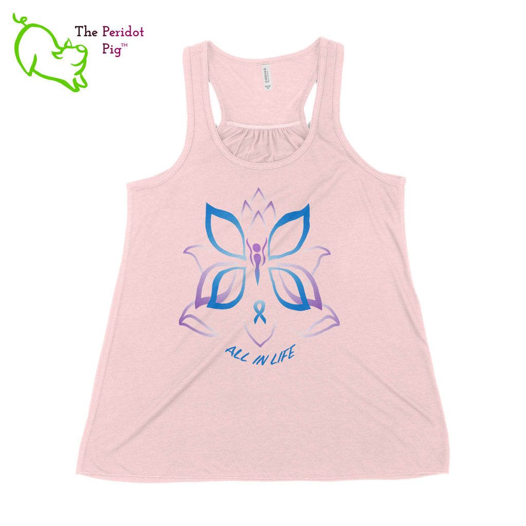 This racerback tank is super soft, lightweight, and form-fitting (but not too tight in the mid-section) with a flattering cut and raw edge seams for an edgy touch. The front features Kristin Zako's logo and the back is blank. The print will be in a "vintage" look that is slightly faded. Front view in Pink.