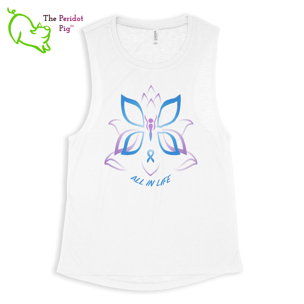 This comfortable muscle tank is soft and flowy with low cut armholes for a relaxed look. The shirt features Kristin Zako's logo on the front in bright blue and purple colors. The back is blank. The print is a translucent, faded "vintage" look due to the blend of the fabric. Front view in White.