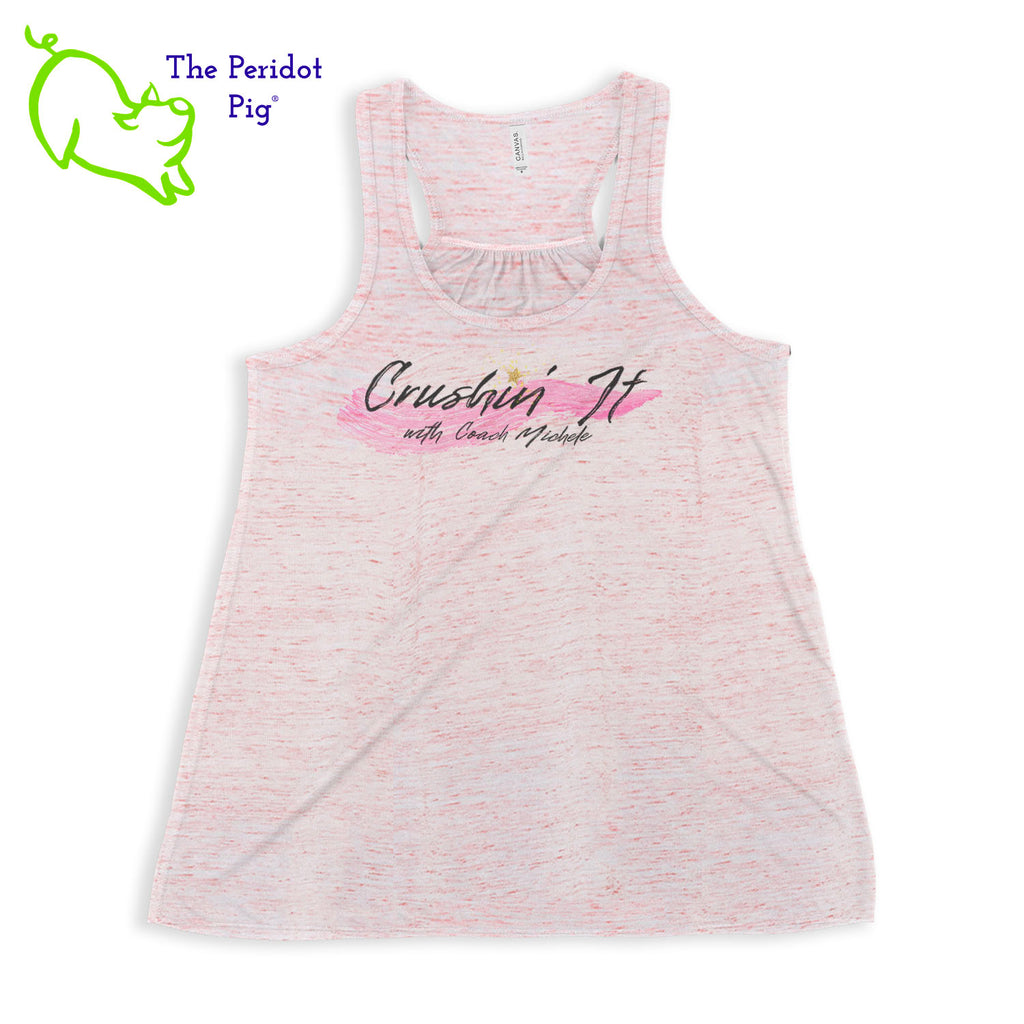 The front features Coach Michele Smits' Crushin' It! logo and the back is blank. There's also a small gold, glitter star over the "i" because everyone needs a little sparkle! The print will be in a "vintage" look that is slightly faded on the white, pink and athletic heather versions. On the marble colors, the print is a little more vivid. Front view in Red Marble.