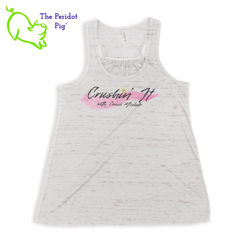 The front features Coach Michele Smits' Crushin' It! logo and the back is blank. There's also a small gold, glitter star over the "i" because everyone needs a little sparkle! The print will be in a "vintage" look that is slightly faded on the white, pink and athletic heather versions. On the marble colors, the print is a little more vivid. Front view in White Marble.