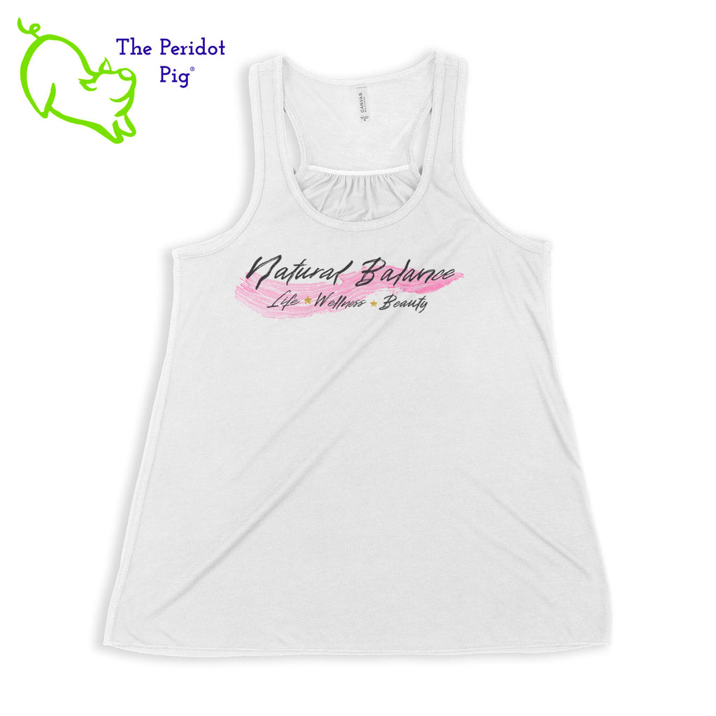 This racerback tank is super soft, lightweight, and form-fitting (but not too tight in the mid-section) with a flattering cut and raw edge seams for an edgy touch. The front features Coach Michele Smits' Natural Balance logo and the back is blank. Front view in white.