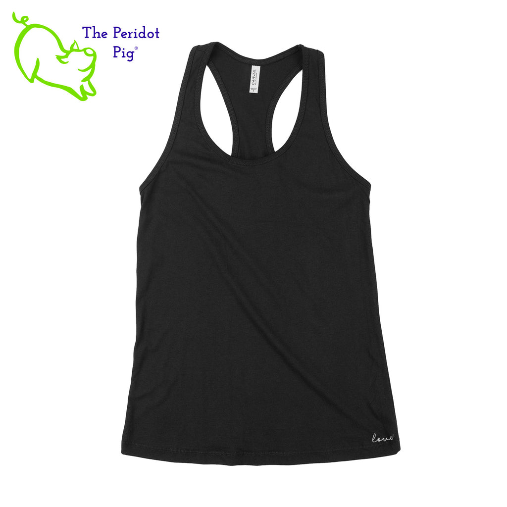 A comfy racerback tank with a loose cut. Perfect for layering!  The back has the PureBliss Studios logo in glitter and holo vinyl. The front has a little "love" on the bottom left side. Front view shown in black.
