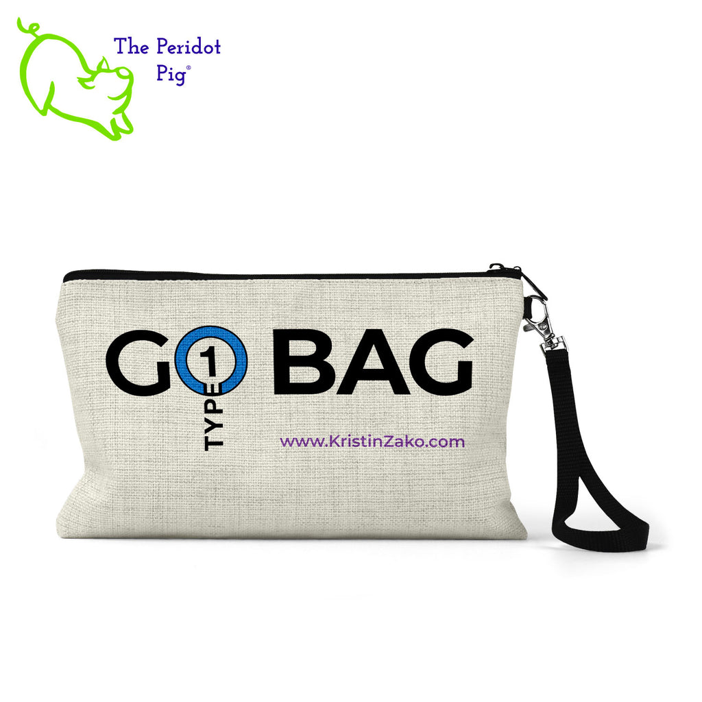 This convenient "Go Bag" is the perfect size for supplies and a snack or two. The artwork is printed in vivid color using a sublimation print so that it won't fade nor peel. On the front are the words "GO BAG" with a Type 1 Diabetes logo and Kristin Zako's website address. The back is blank. 