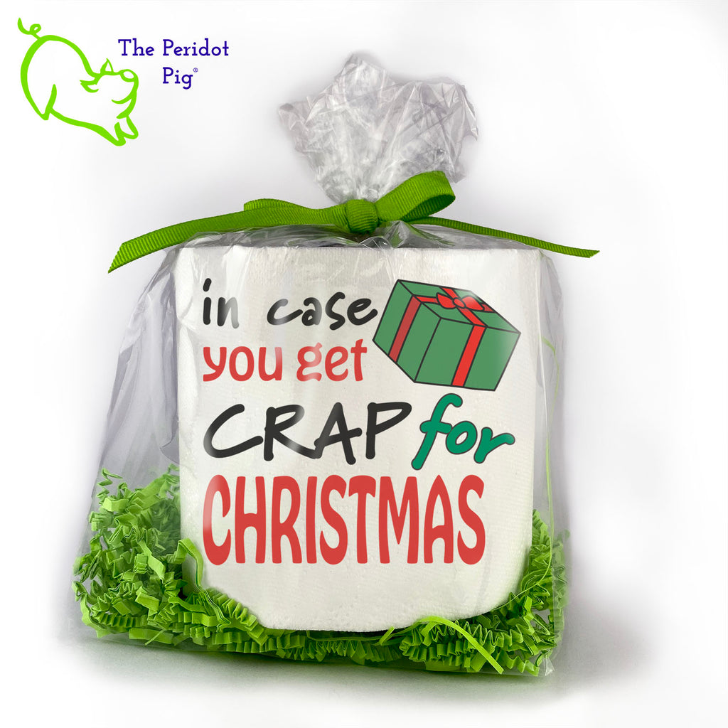 Toilet paper is still a thing and we're sure they'll appreciate an extra roll. While you're at it, these make an excellent holiday gag gift for that white elephant party! Available with many different sayings, this is high-quality 2-ply toilet paper which has been printed in vivid sublimation color. We then wrap it all up with some peridot green crinkle paper and a matching bow. This version states "in case you get CRAP for CHRISTMAS" with a little package off to the side.