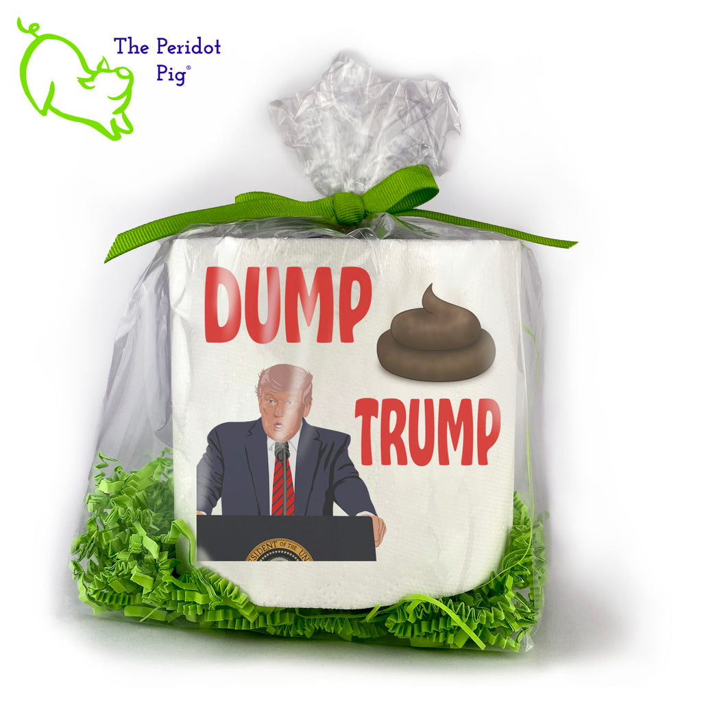 Available with many different sayings, this listing is for a single, high-quality 2-ply toilet paper roll which has been printed in vivid sublimation color. We then wrap it all up with some peridot green crinkle paper and a matching bow. We're jumping into the political fray with this model as everyone has one of -those- relatives that needs a political dump. This one says "Dump Trump". Front view shown.