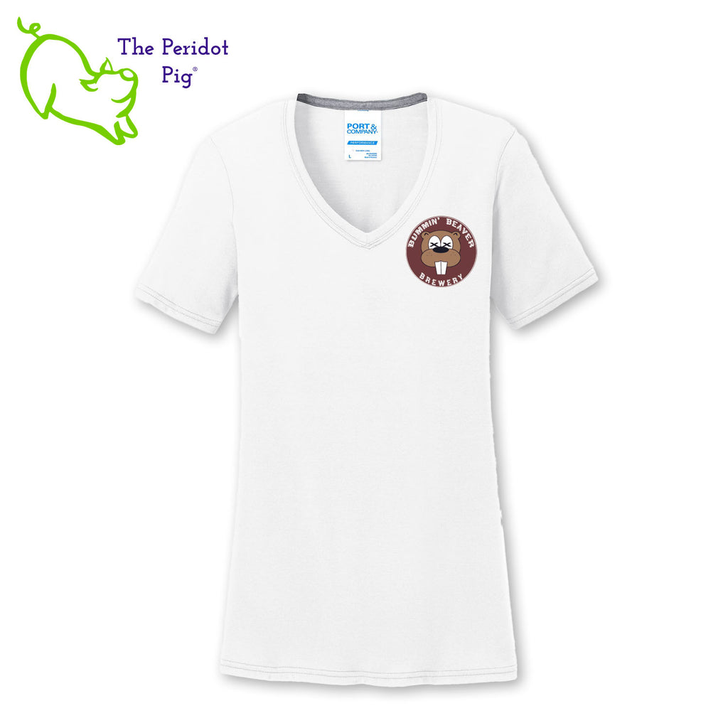 These t-shirts have a great weight and a super, soft feel. Made with a flattering v-neck, taped seams and a loose cut. The front features the Bummin' Beaver Brewery logo and the back has a larger version of the logo. Front view in White shown.