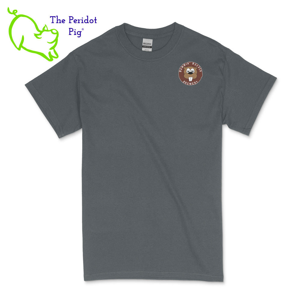 A traditional uni-sex fitting t-shirt. The Bummin' Beaver Brewery logo is on the front and the brewery name is on the back. The logo is printed on a soft, thin vinyl. Front shown in charcoal.
