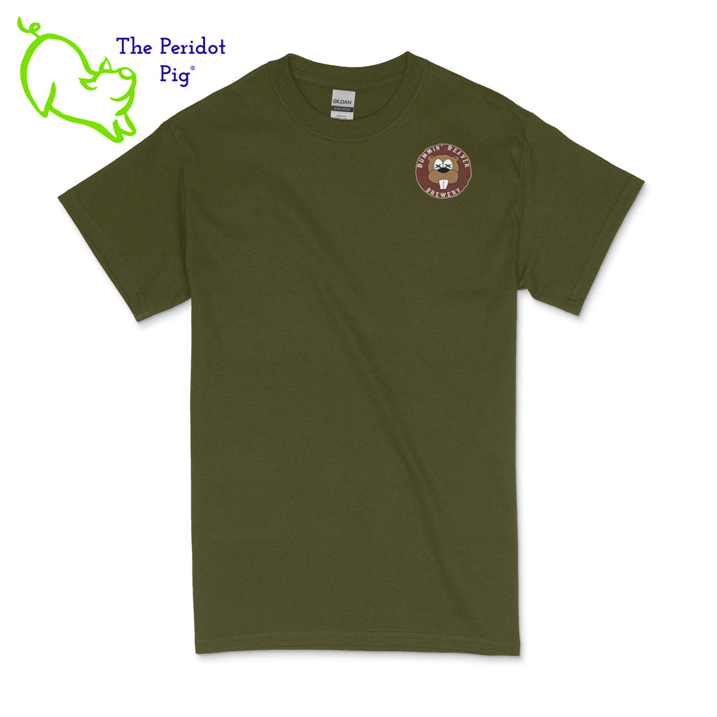 A traditional uni-sex fitting t-shirt. The Bummin' Beaver Brewery logo is on the front and the brewery name is on the back. The logo is printed on a soft, thin vinyl. Front shown in military green.