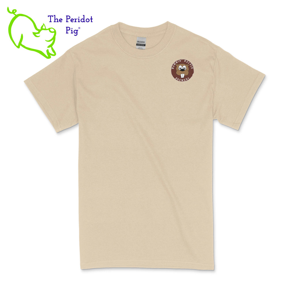 A traditional uni-sex fitting t-shirt. The Bummin' Beaver Brewery logo is on the front and the brewery name is on the back. The logo is printed on a soft, thin vinyl. Front shown in sand.
