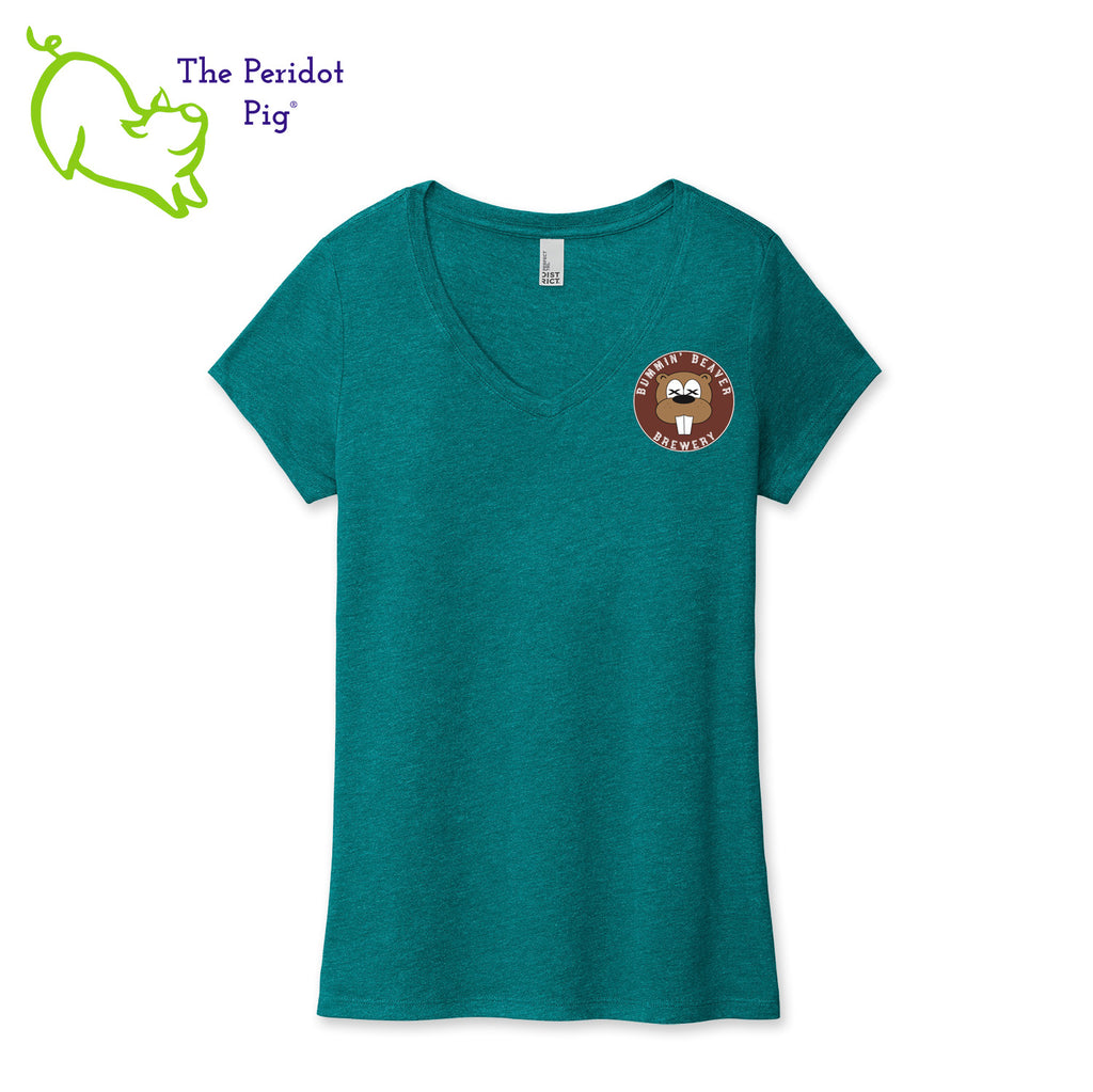 These t-shirts have a great weight and a super, soft feel. Made with a flattering v-neck, taped seams and a loose cut. The front features the Bummin' Beaver Brewery logo and the back has the words, "Bummin' Beaver Brewery" in their woodsy font. Front view shown in Heathered Teal.