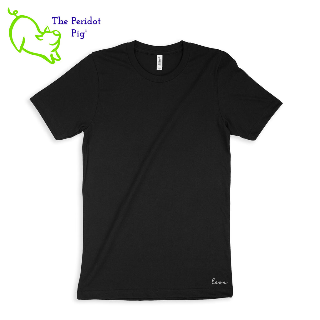 A soft-style cotton t-shirt with a fitted retail cut. The back has the PureBliss Studios logo in a matte vinyl. The front has a little "love" on the bottom left side. Front view shown in black.
