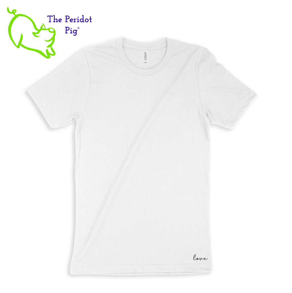 A soft-style cotton t-shirt with a fitted retail cut. The back has the PureBliss Studios logo in a matte vinyl. The front has a little "love" on the bottom left side. Front view shown in white.