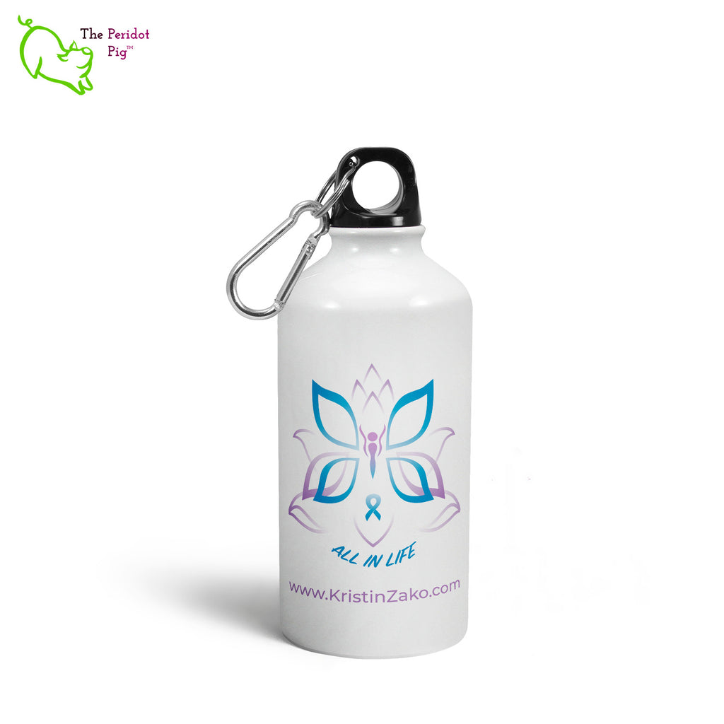 This glossy white water canteen features Kristin Zako's logo on both sides. It has a screw top with a replaceable gasket and a carabiner to attach to your backpack. Front view.